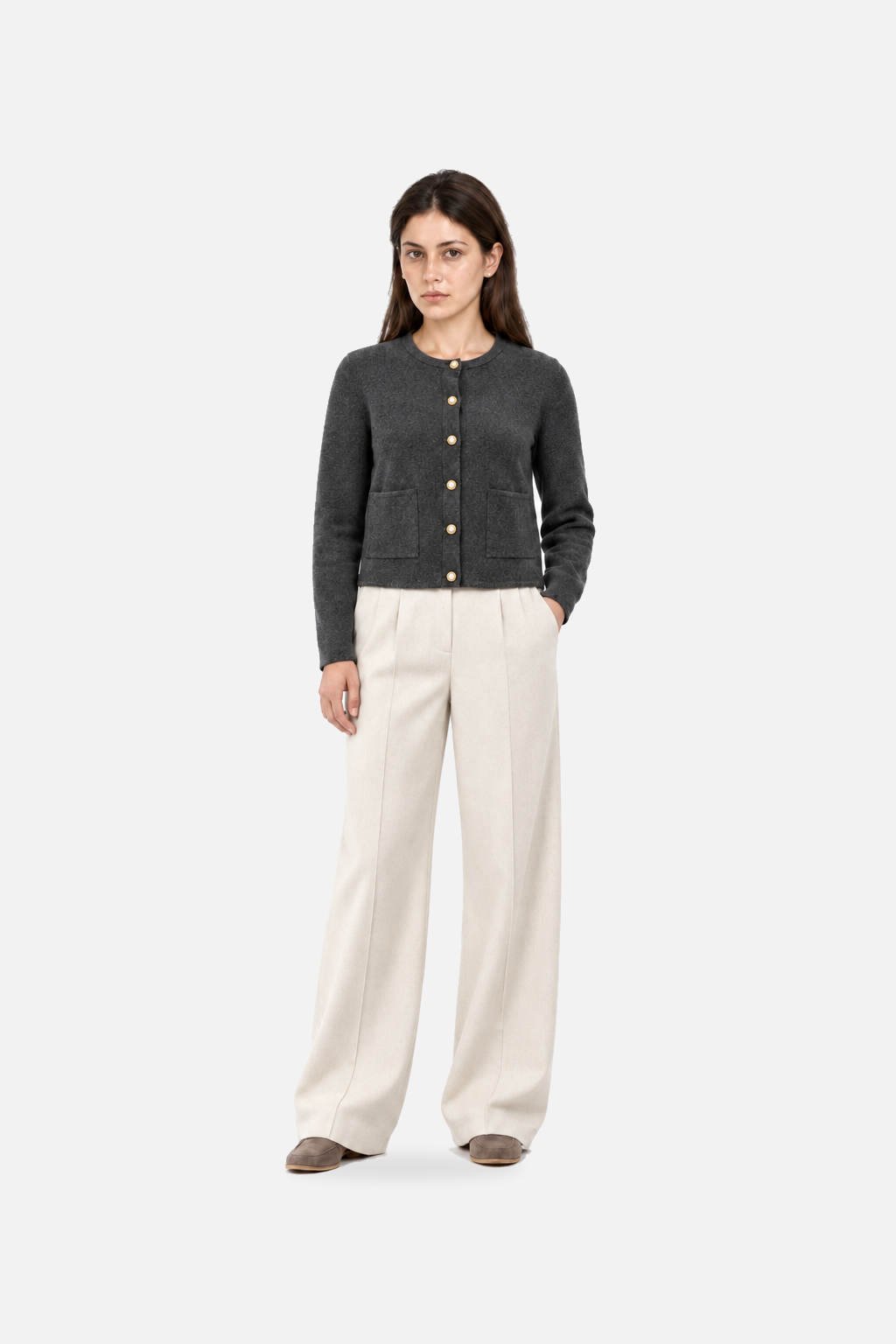 Gray pearl-button knit cardigan from Ginaci Turkey featuring a front view with a cozy, classic design and pearl buttons.