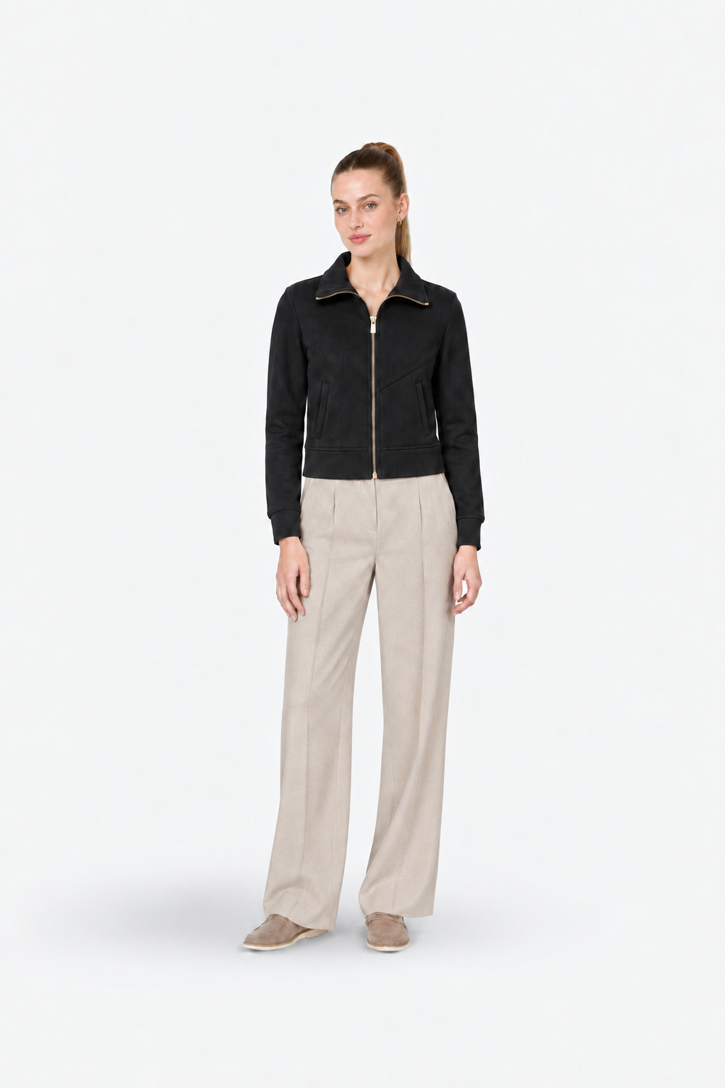 Black zip-up high-neck slim-fit sporty and stylish Ginaci jacket, front view showing sleek design and modern fit.