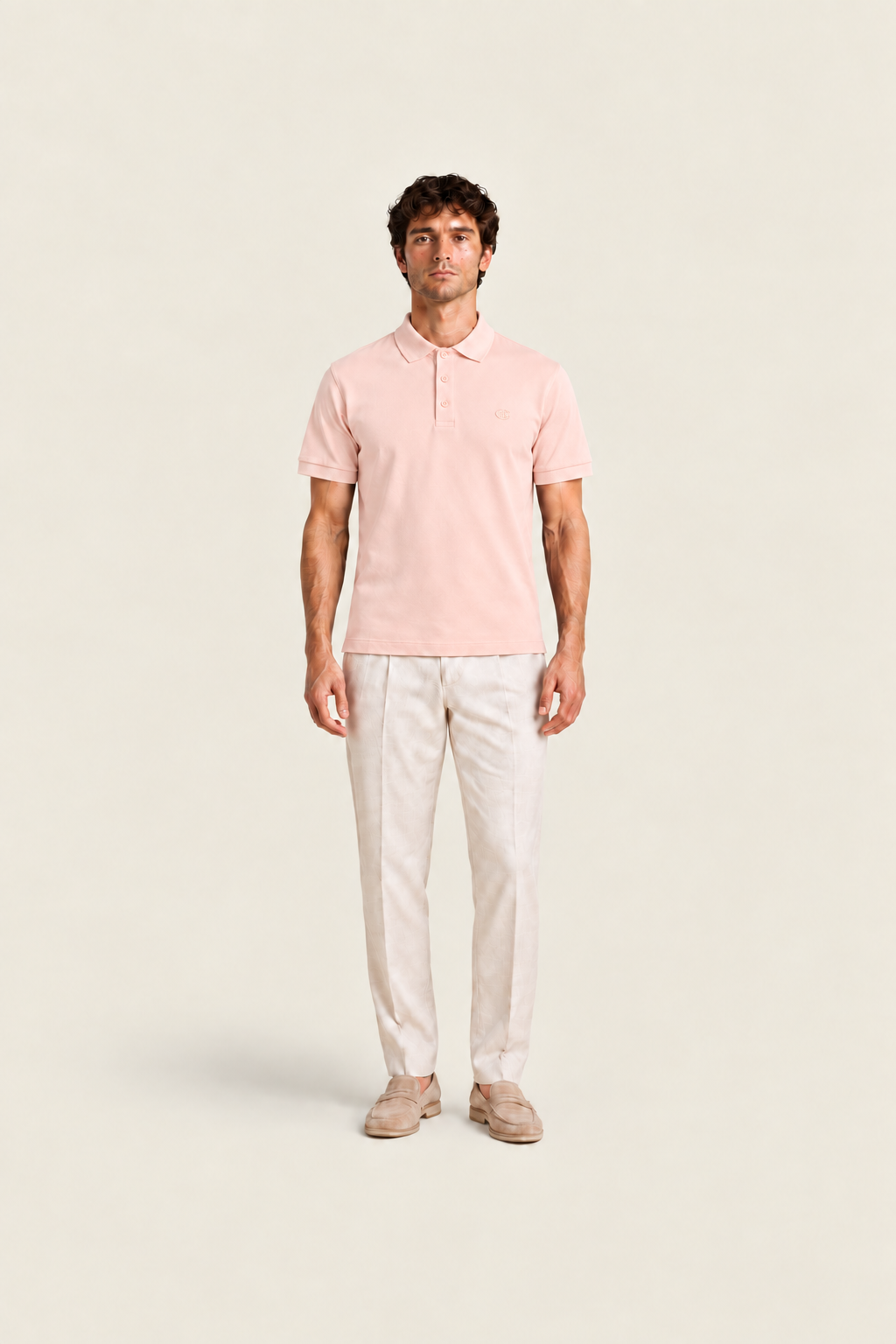Pink Pudra Pike Polo shirt by Ginaci Türkiye, front view showing collar and buttons, casual men's polo with a soft fabric appearance.