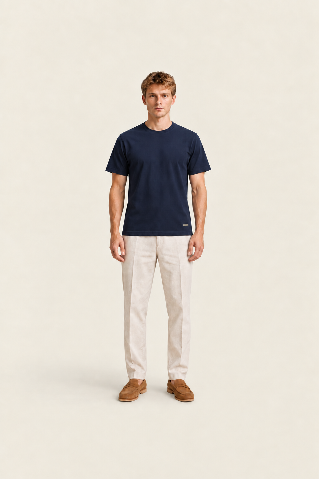 Navy basic T-shirt from Ginaci Türkiye, front view showing simple round neckline and classic fit.