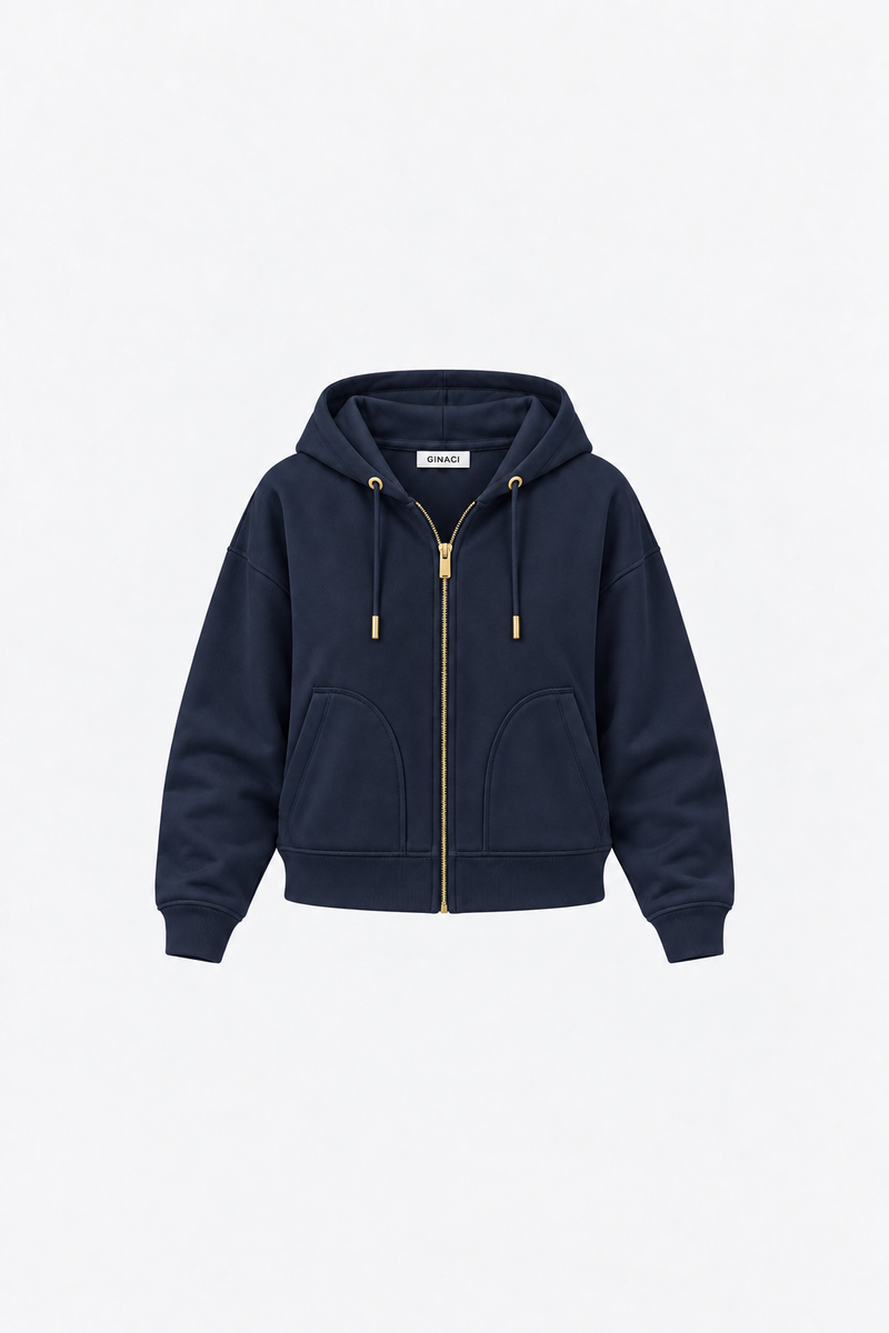 Navy blue Fermuarlı Kapüşonlu Ince Eşofman Üst by Ginaci, showing the lightweight hoodie with front zipper and hood detail.