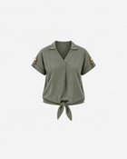 Ginaci Türkiye Tencel fabric minimal olive green blouse with tie detail, stylish and comfortable premium women's top.