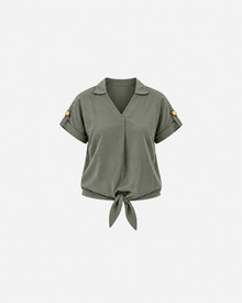Ginaci Türkiye Tencel fabric minimal olive green blouse with tie detail, stylish and comfortable premium women's top.