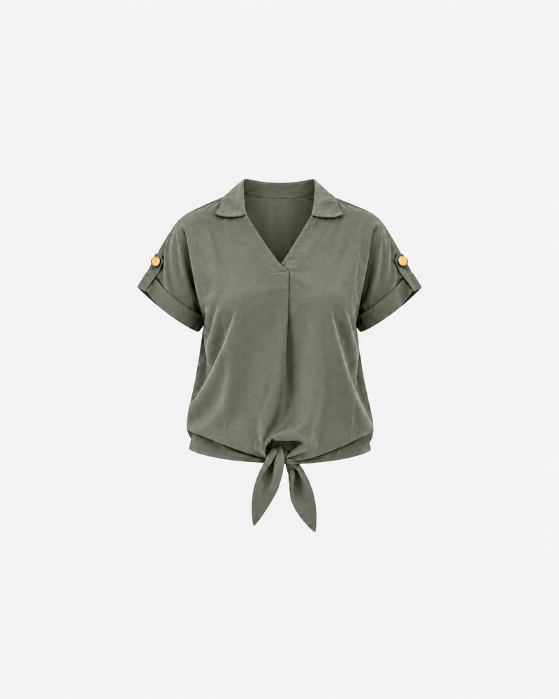 Ginaci Türkiye Tencel fabric minimal olive green blouse with tie detail, stylish and comfortable premium women's top.