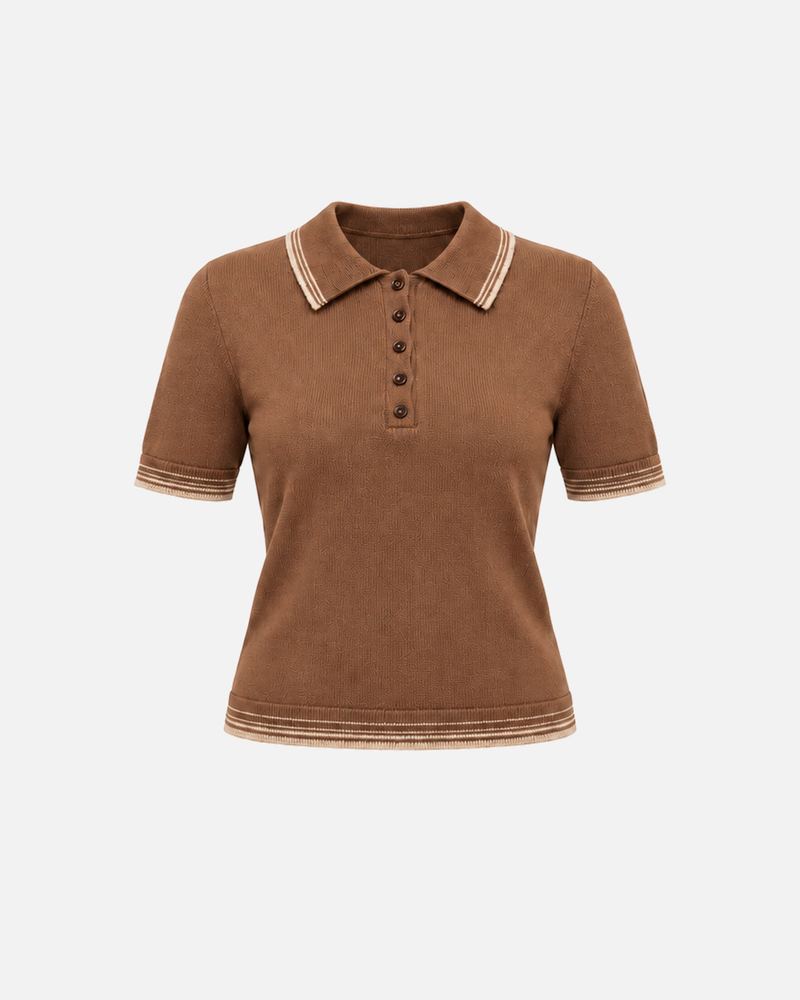 Brown polo neck knitted sweater by Ginaci Türkiye featuring a classic fit and soft fabric, shown on a neutral background.