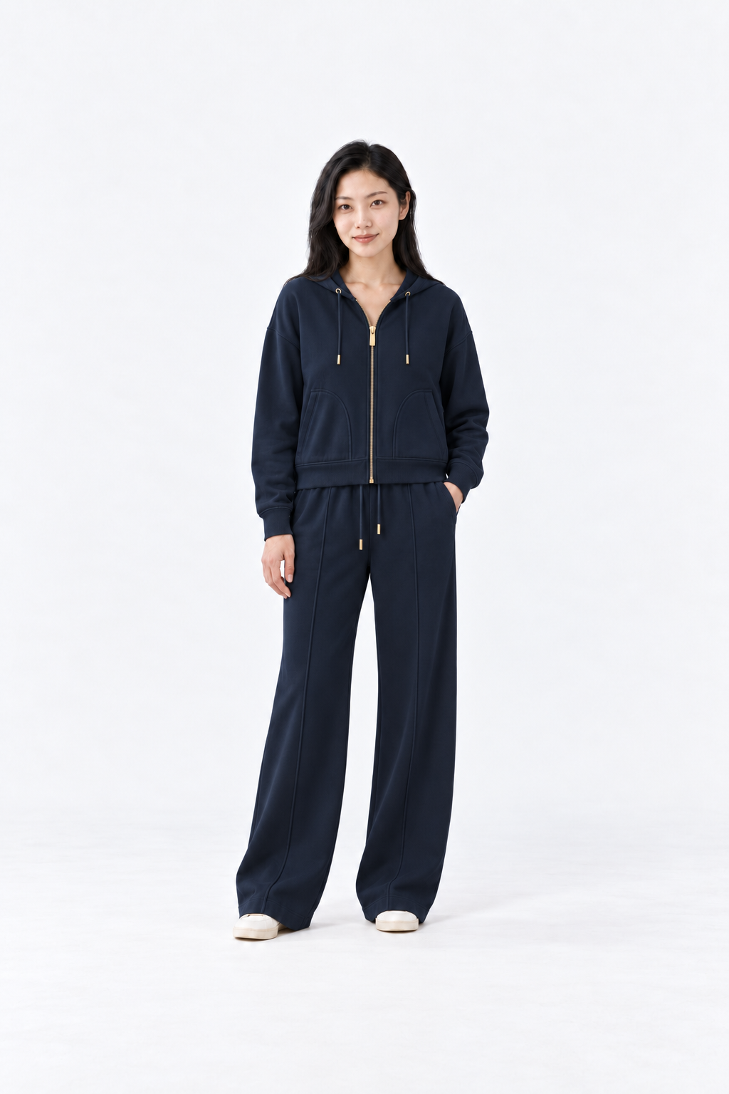 Navy blue Ginaci zip-up hoodie with a hood and slim fit, made of lightweight, comfortable fabric for casual wear.
