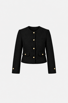 Black and gold button tweed blazer from Ginaci featuring a classic, stylish design with tailored fit and textured fabric.