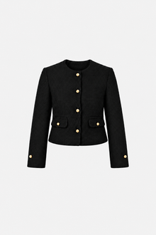 Black and gold button tweed blazer from Ginaci featuring a classic, stylish design with tailored fit and textured fabric.