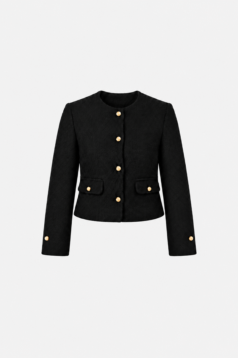 Black and gold button tweed blazer from Ginaci featuring a classic, stylish design with tailored fit and textured fabric.