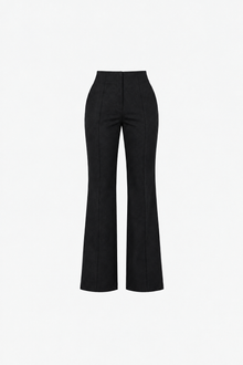 Black high-waisted fit-cut sport chic Ginaci pants shown on a model, highlighting sleek design and tailored fit.