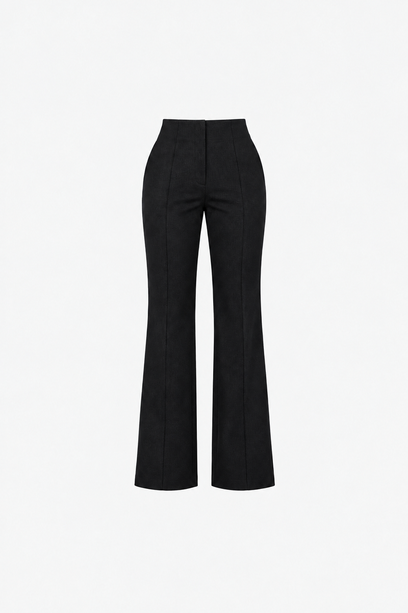 Black high-waisted fit-cut sport chic Ginaci pants shown on a model, highlighting sleek design and tailored fit.
