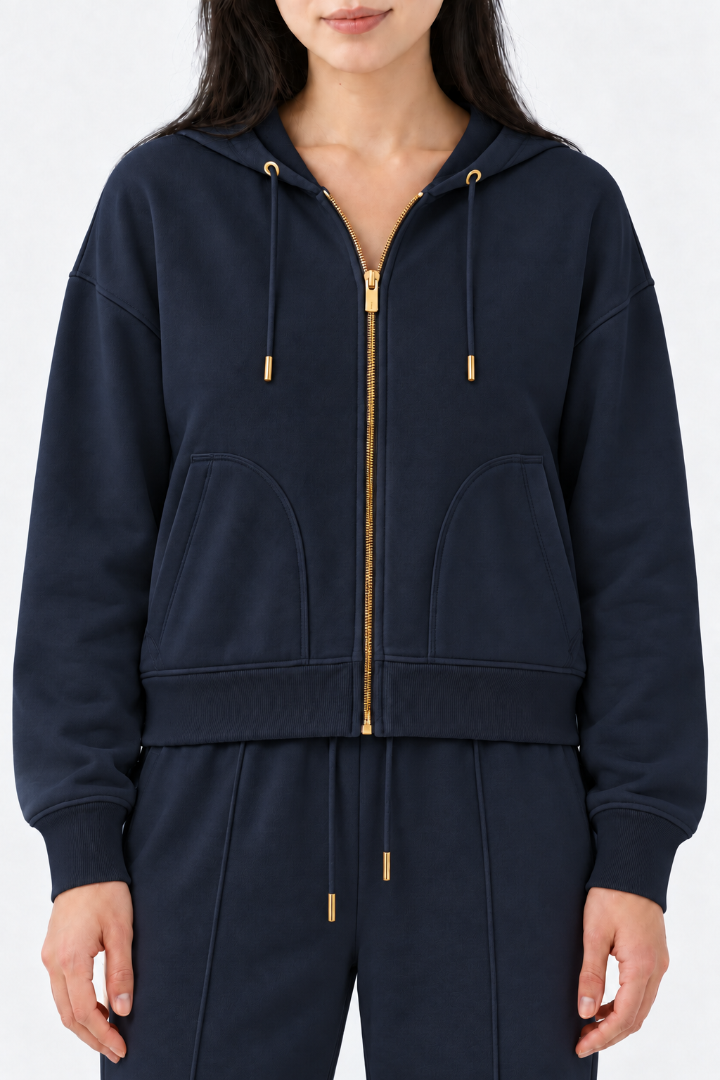 Ginaci navy zip-up hoodie, lightweight and fitted hoodie with a hood and front zipper, perfect for casual wear.