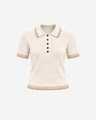 Ecru polo yaka triko by Ginaci Türkiye featuring a knitted design and classic polo collar, displayed flat against a white background.