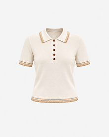 Ecru polo yaka triko by Ginaci Türkiye featuring a knitted design and classic polo collar, displayed flat against a white background.