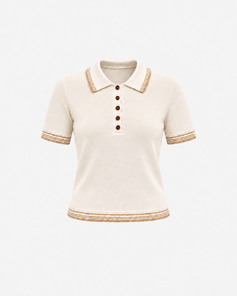 Ecru polo yaka triko by Ginaci Türkiye featuring a knitted design and classic polo collar, displayed flat against a white background.