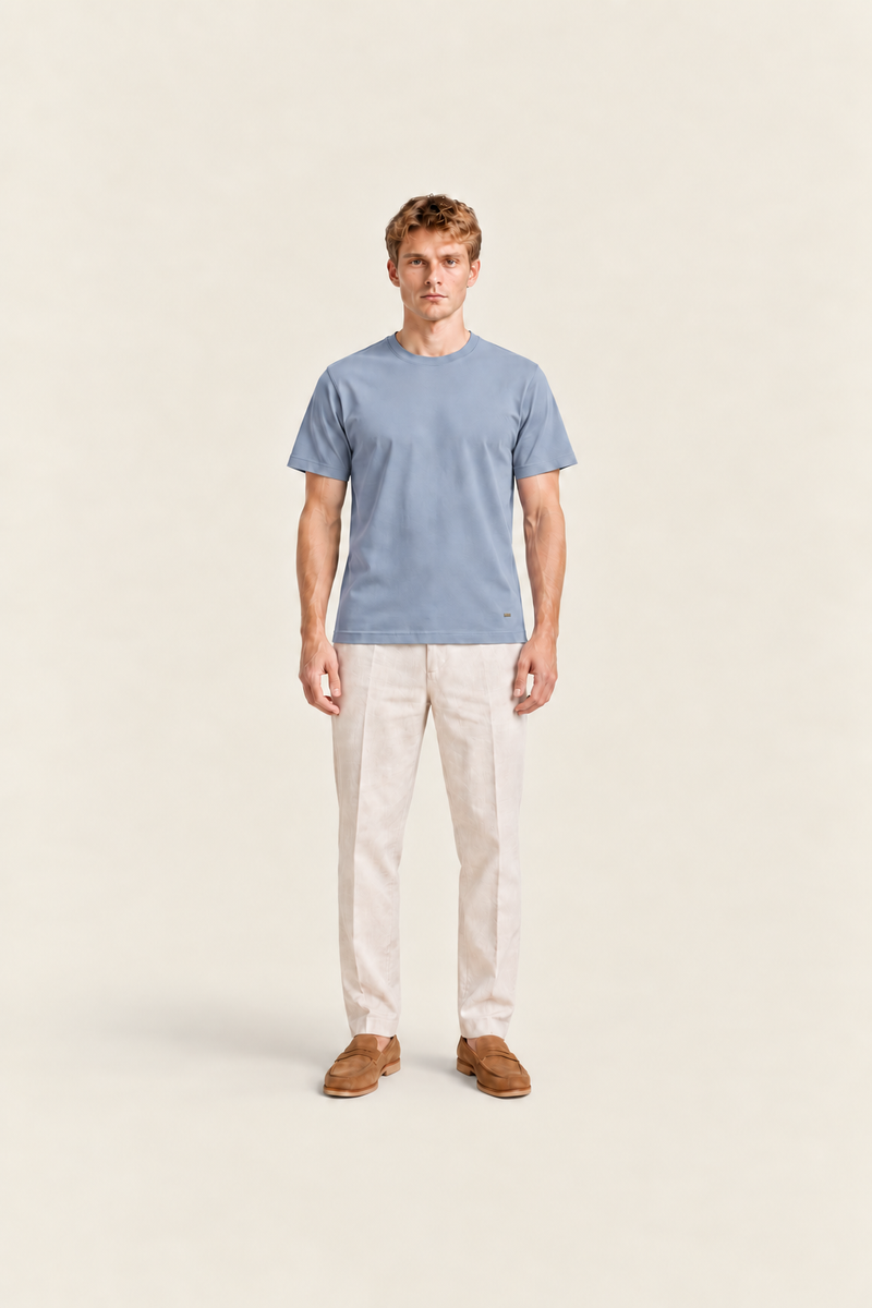 Baby blue basic T-shirt by Ginaci Türkiye, soft cotton fabric, front view showing round neckline and short sleeves.
