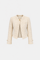 Ekru tüvit kadın ceket with gold button details, classic fit, stylish blazer from Ginaci, shown in the vesteblanc.png image.