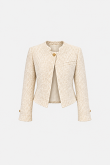 Ekru tüvit kadın ceket with gold button details, classic fit, stylish blazer from Ginaci, shown in the vesteblanc.png image.
