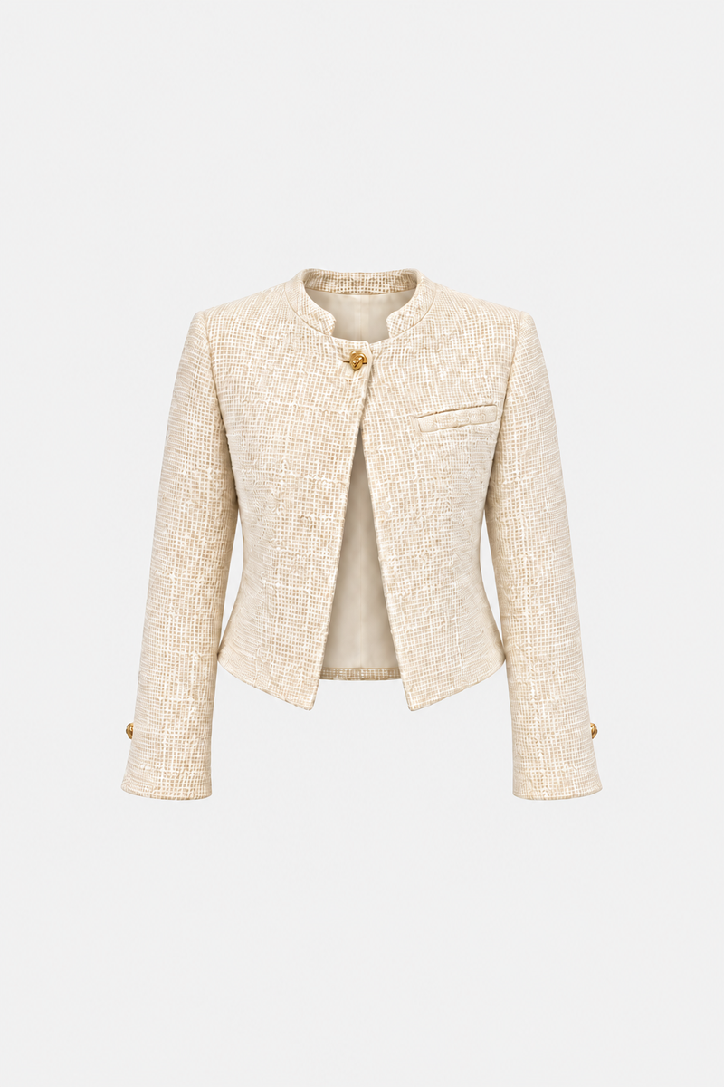 Ekru tüvit kadın ceket with gold button details, classic fit, stylish blazer from Ginaci, shown in the vesteblanc.png image.