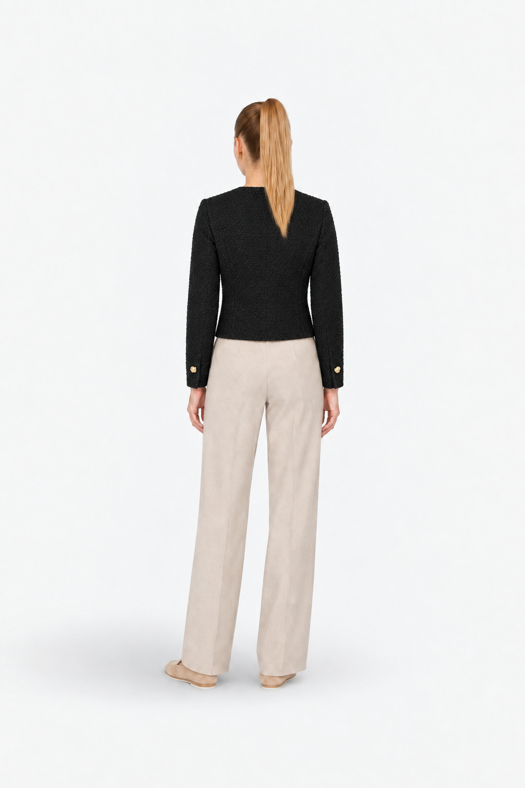 Gold and black tweed blazer from Ginaci featuring gold buttons and classic tailored design.