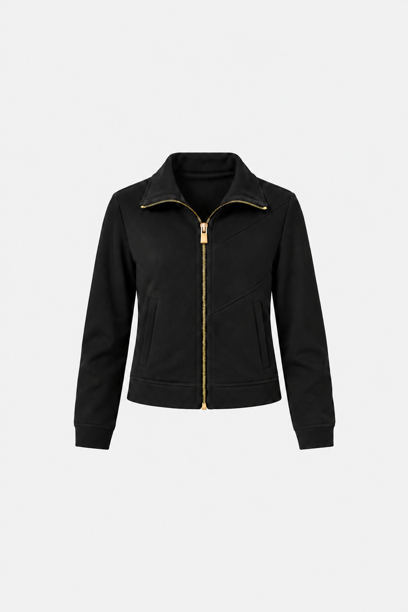 Black fitted zip-up Dik Yaka Fermuarlı Siyah Ceket by Ginaci, featuring a stylish sporty design and modern fit.