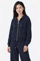 Navy blue Fermuarlı Kapüşonlu İnce Eşofman Üst by Ginaci, shown from the side, with a zipper front and casual fit.