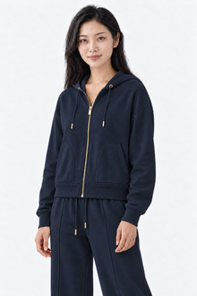 Navy blue Fermuarlı Kapüşonlu İnce Eşofman Üst by Ginaci, shown from the side, with a zipper front and casual fit.